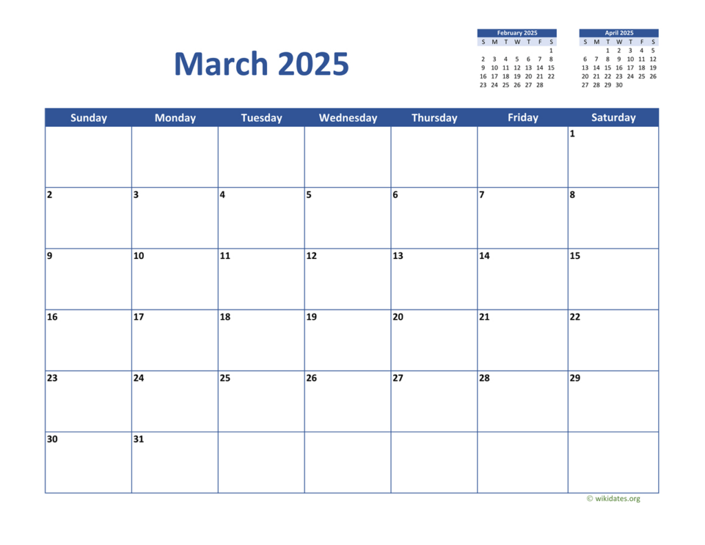 March 2025 Calendar Classic | Wikidates Inside Wiki Calendar March 2025