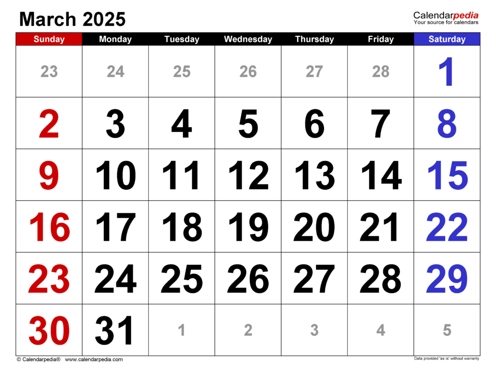 March 2025 Calendar | Templates For Word, Excel And Pdf In Show Me March Calendar 2025