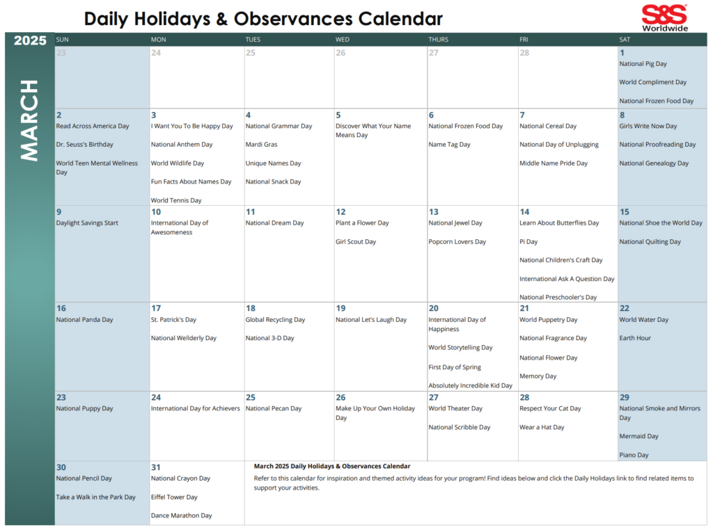 March Daily Holidays & Observances Printable Calendar   S&S Blog In National Day Calendar March 2025