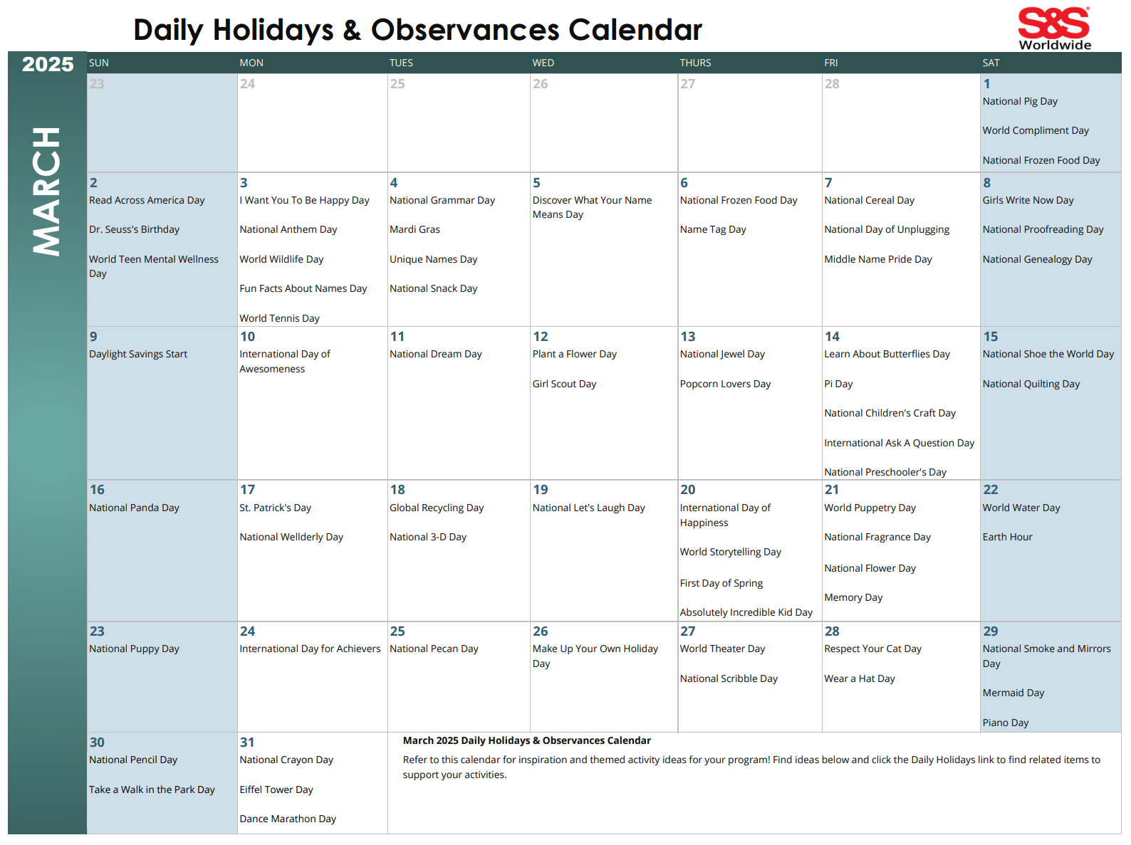 March Daily Holidays &amp;amp; Observances Printable Calendar - S&amp;amp;S Blog in National Day Calendar March 2025