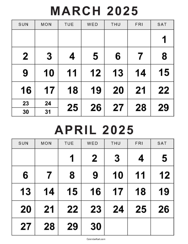 Printable March April 2025 Calendar | Calendarkart For March April Printable Calendar 2025