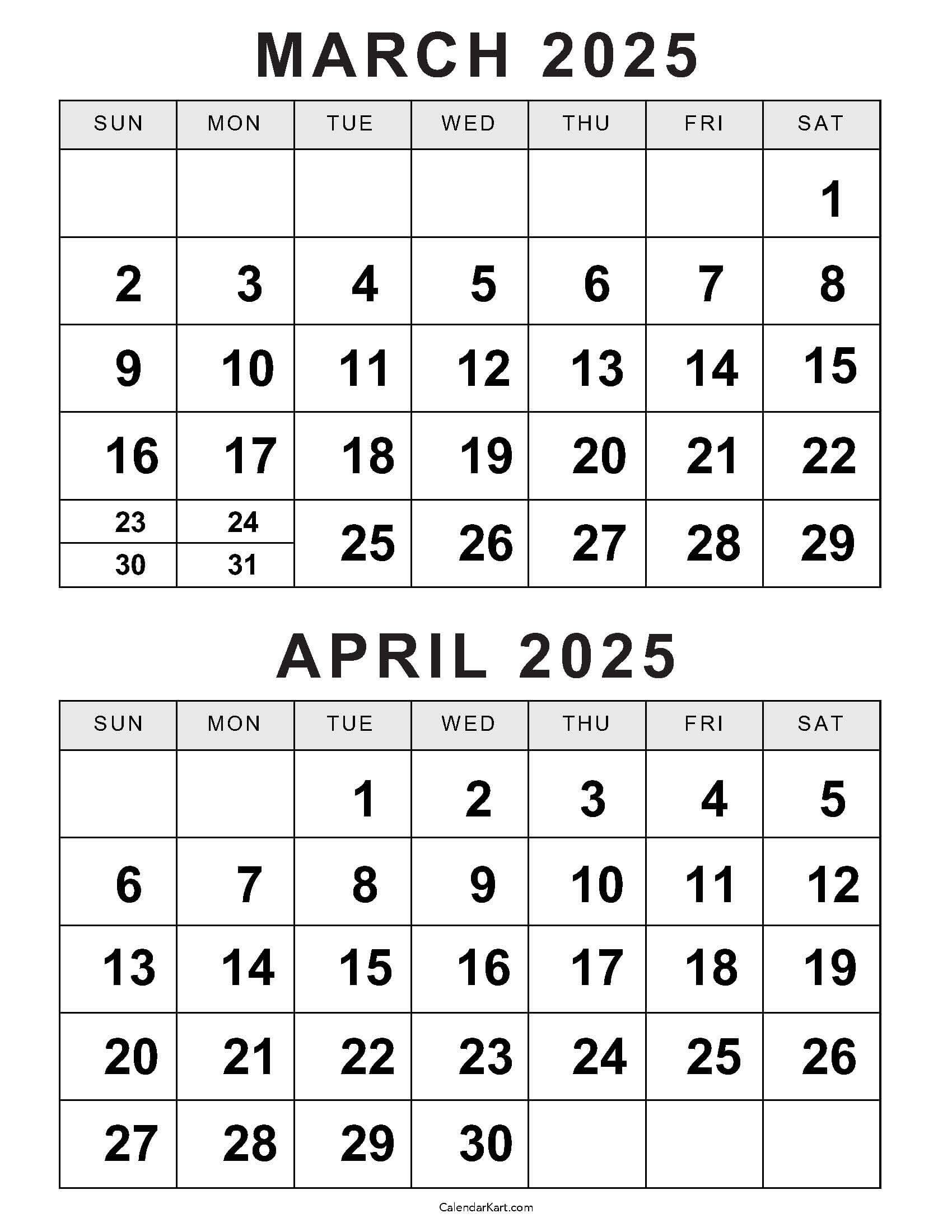 Printable March April 2025 Calendar | Calendarkart for March April Printable Calendar 2025