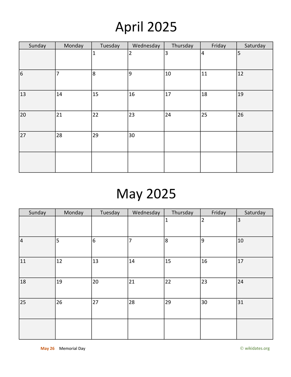 April And May 2025 Calendar | Wikidates with April And May Calendar 2025