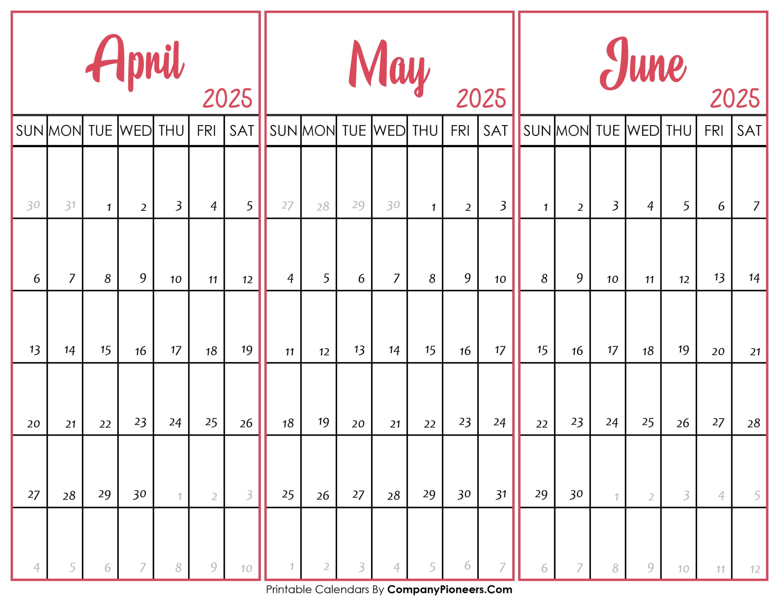 April May June 2025 Calendar Printable - Template in April May and June 2025 Calendar