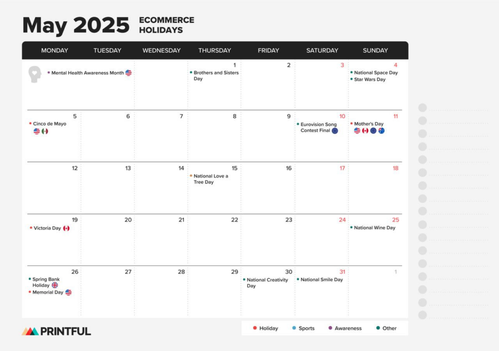 Ecommerce Holiday Calendar 2025: Sales Events And Key Dates | Printful Intended For General Blue Printable Calendar May 2025 Ecommerce Holiday Calendar 2025: Sales Events And Key Dates | Printful Intended For General Blue Printable Calendar May 2025