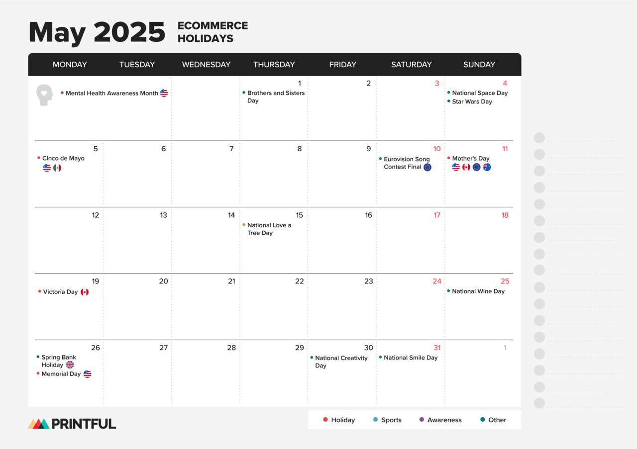Ecommerce Holiday Calendar 2025: Sales Events And Key Dates | Printful intended for General Blue Printable Calendar May 2025