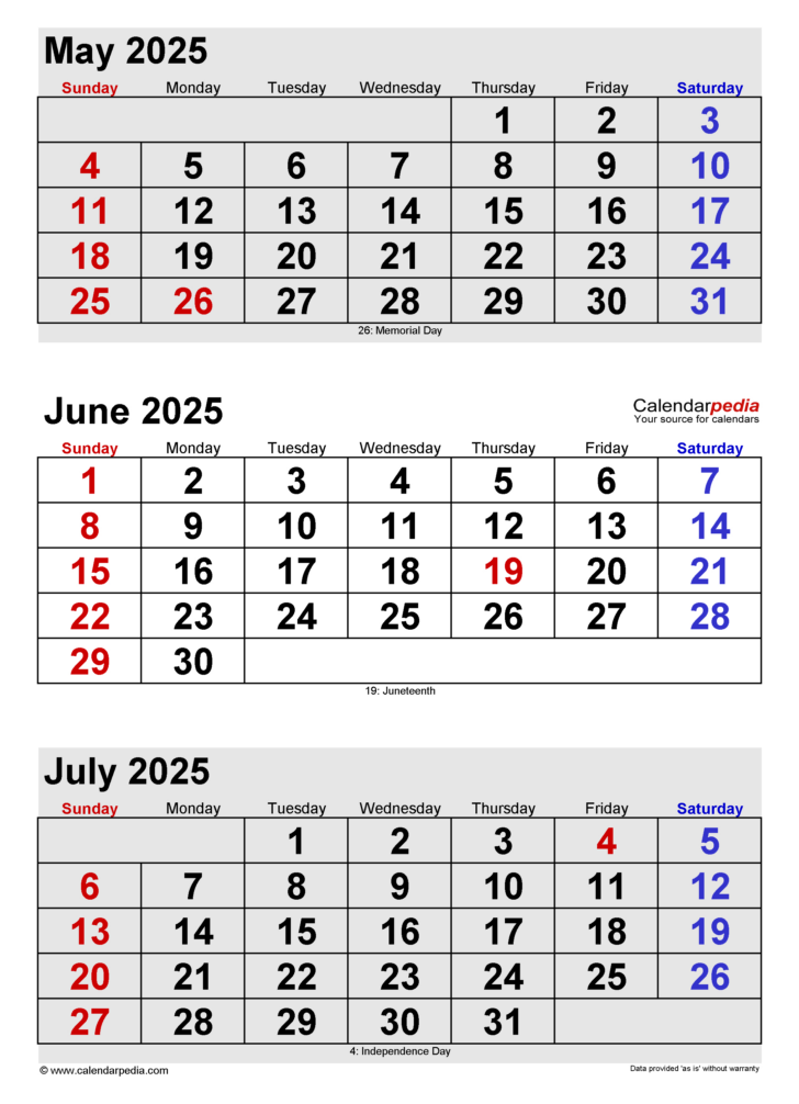 May June July 2025 Calendar