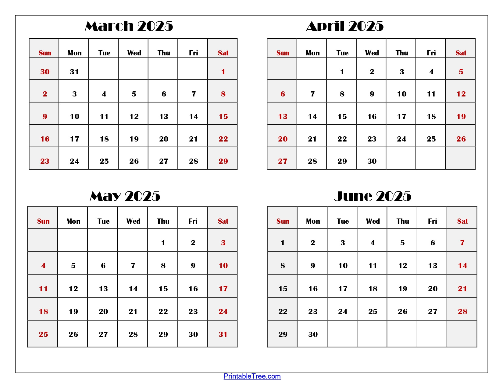 March To June 2025 Calendar Printable Pdf | Four Months Calendar in March April May June 2025 Calendar Printable