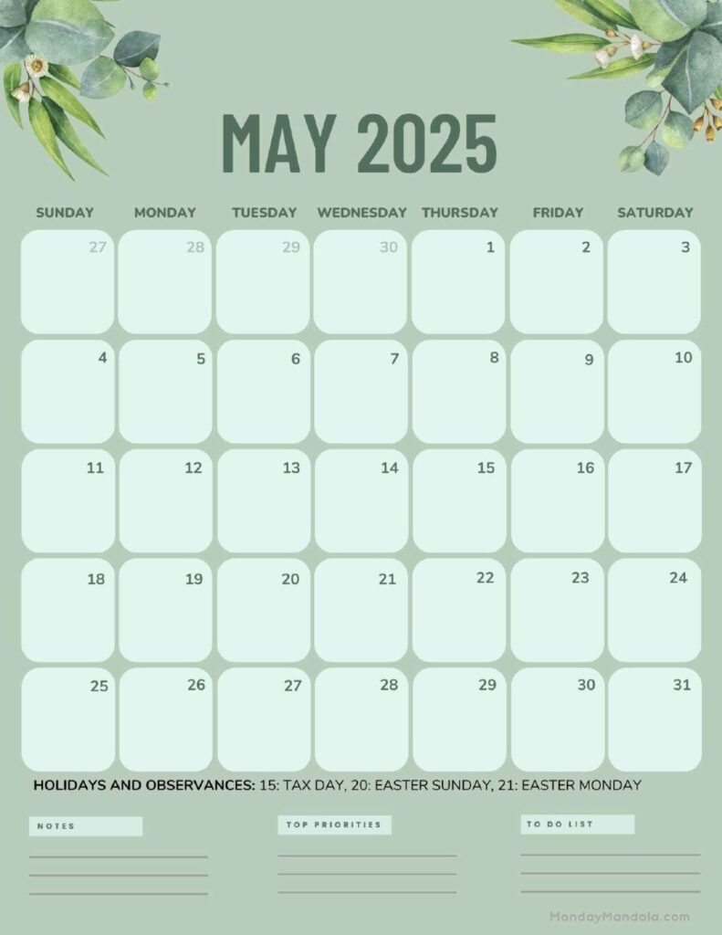 May 2025 Calendar (52 Free Pdf Printables) For May 2025 Green Calendar May 2025 Calendar (52 Free Pdf Printables) For May 2025 Green Calendar