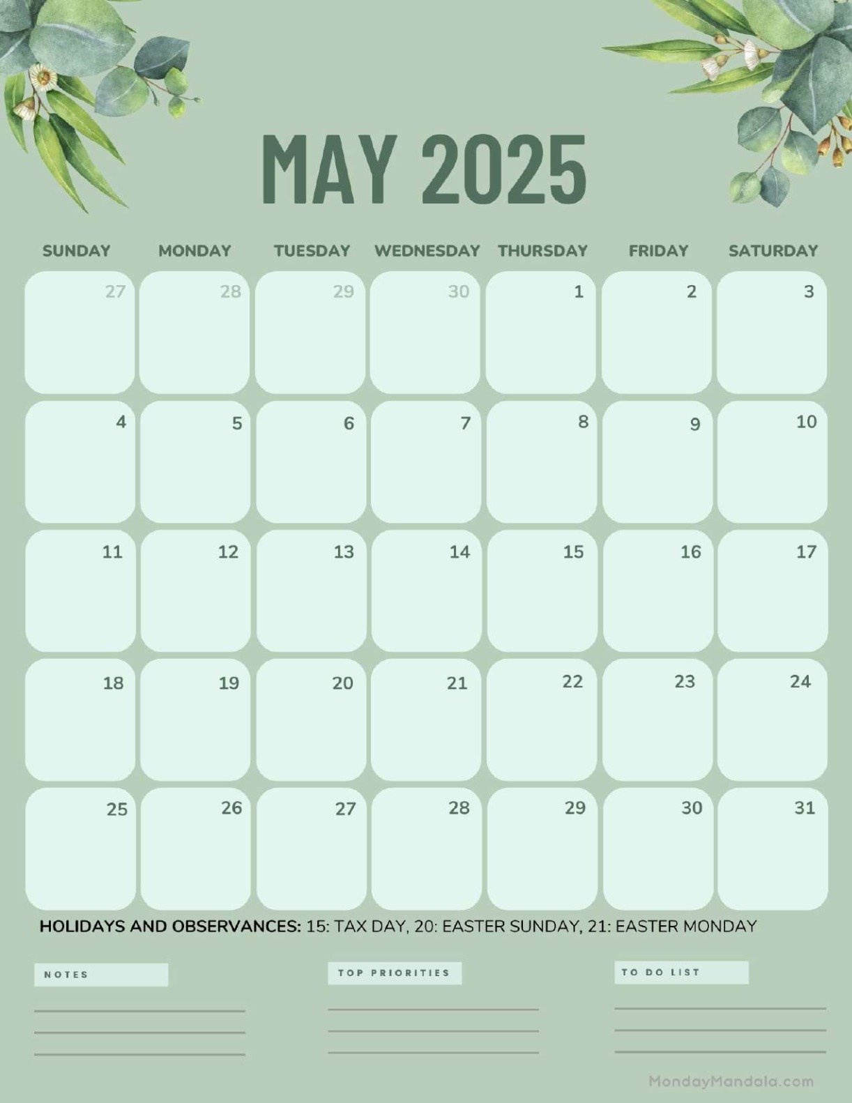 May 2025 Calendar (52 Free Pdf Printables) for May 2025 Green Calendar