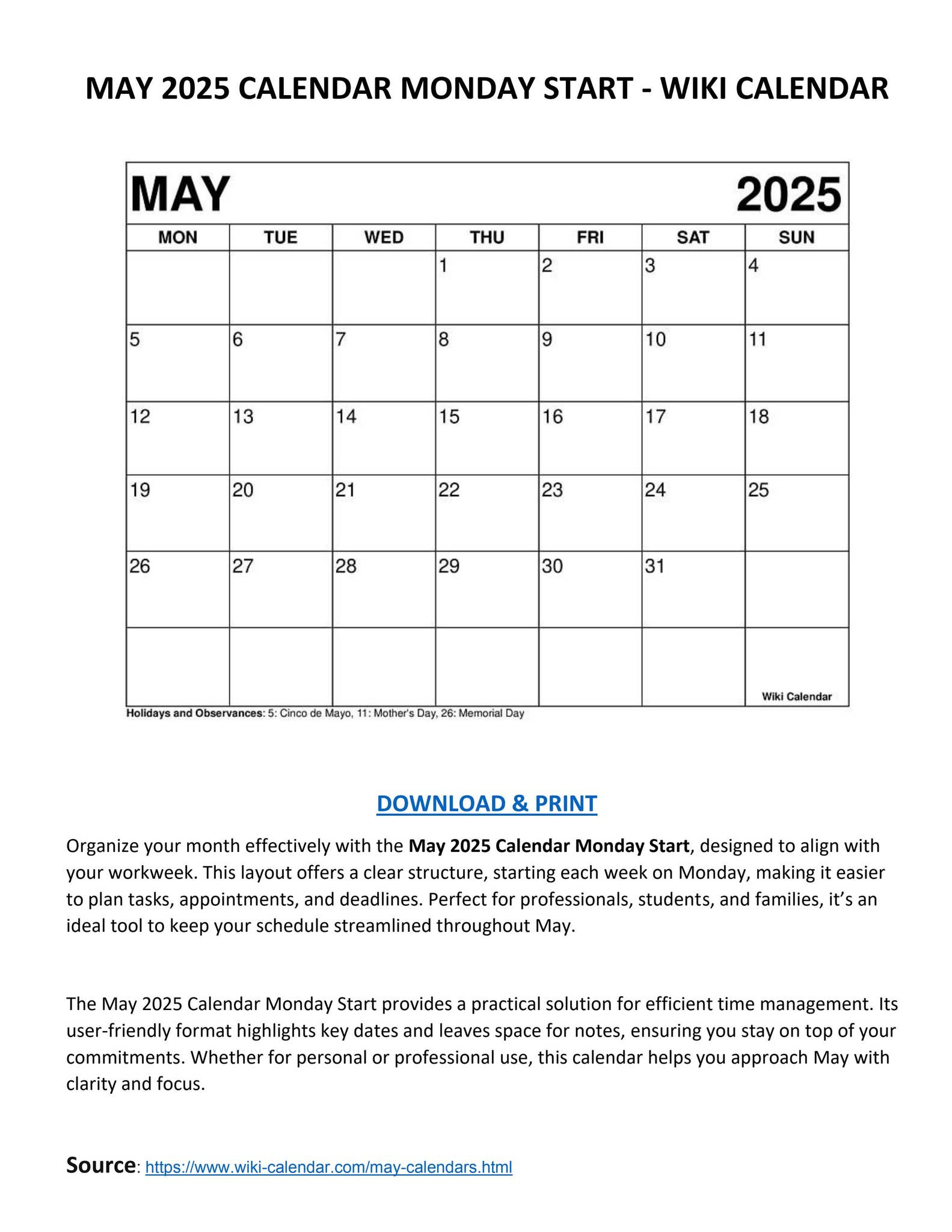 May 2025 Calendar Monday Start - Wiki Calendarwiki Calendar intended for Wiki Calendar May 2025