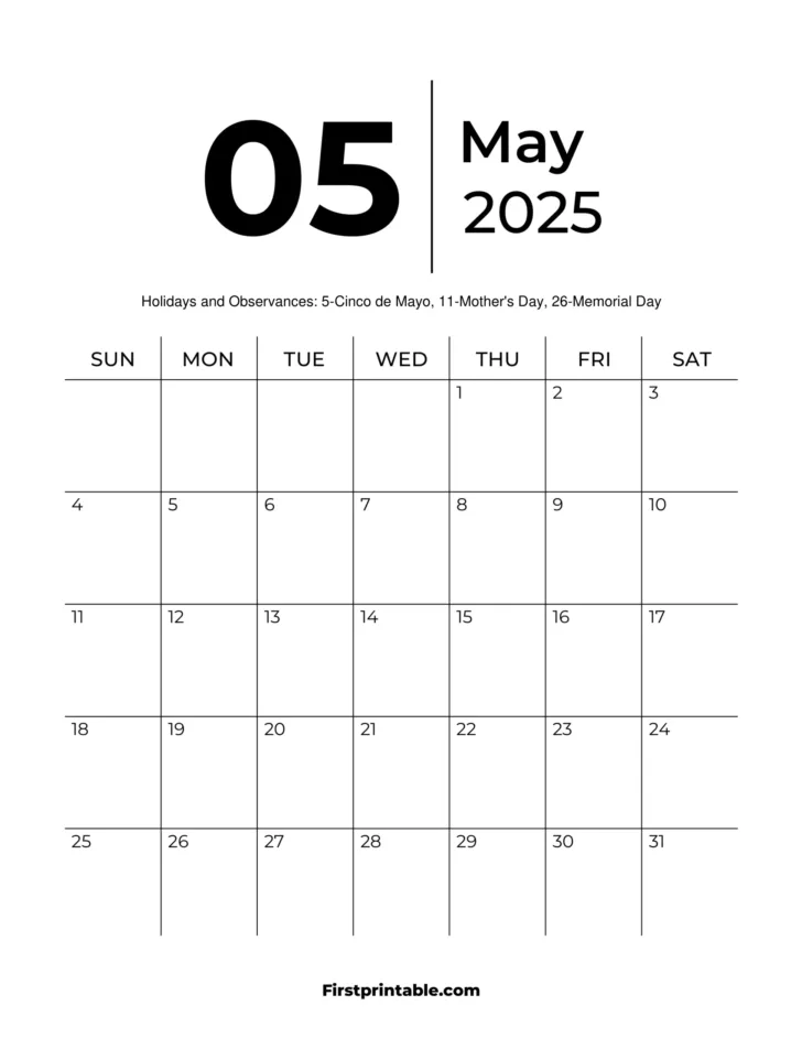 Blank Printable May Calendar 2025