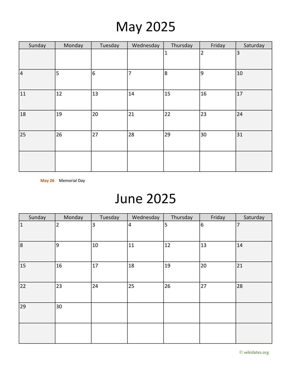 May And June 2025 Calendar | Wikidates with May/June 2025 Calendar