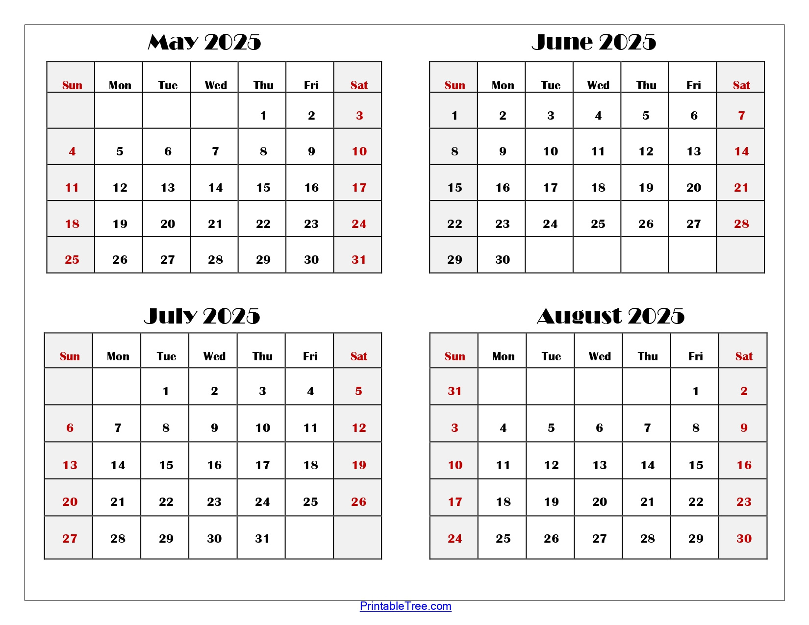 May To August 2025 Calendar Printable Pdf | Four Months Calendar with May June July August 2025 Calendar Printable