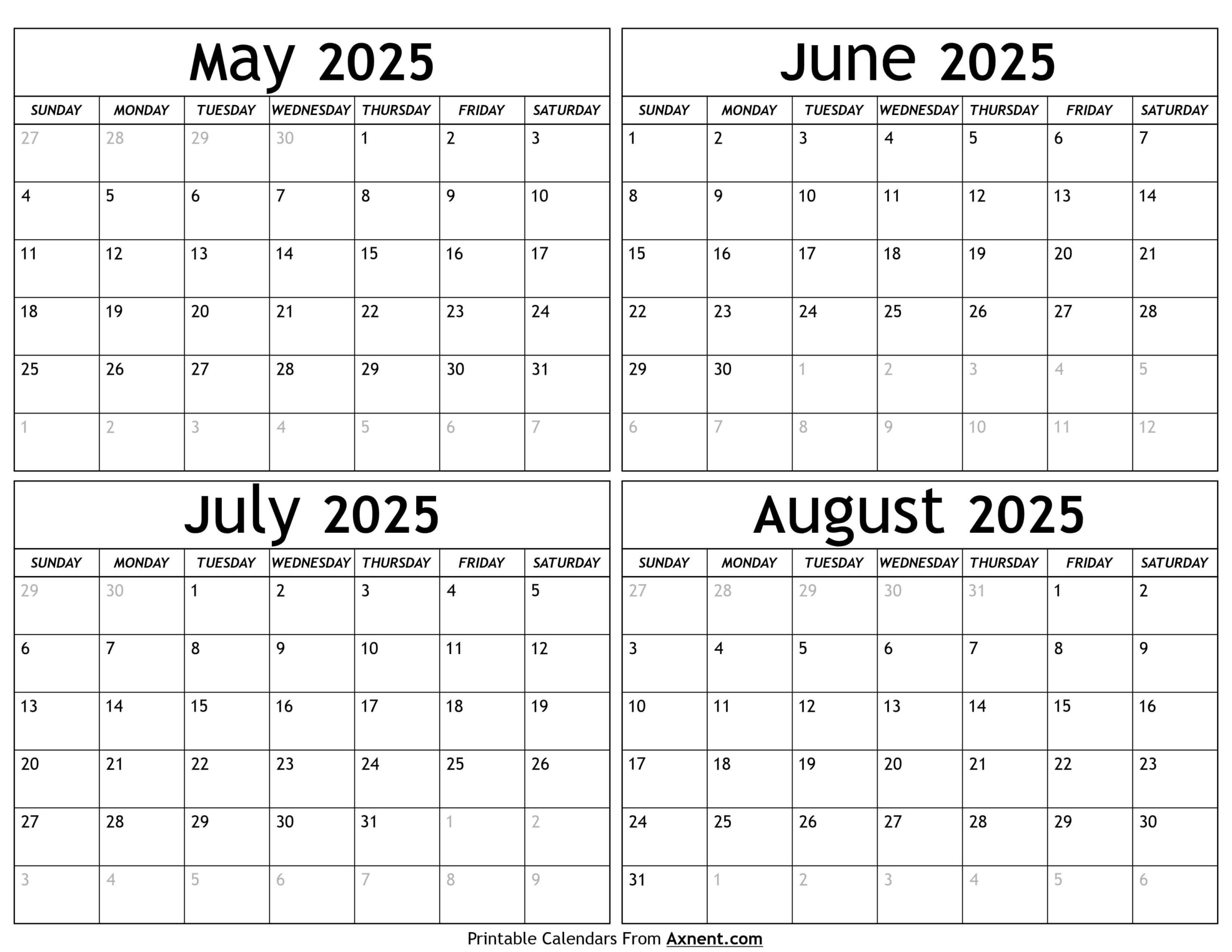 May To August 2025 Calendar Templates - Four Months within August 2024 to May 2025 Calendar Printable