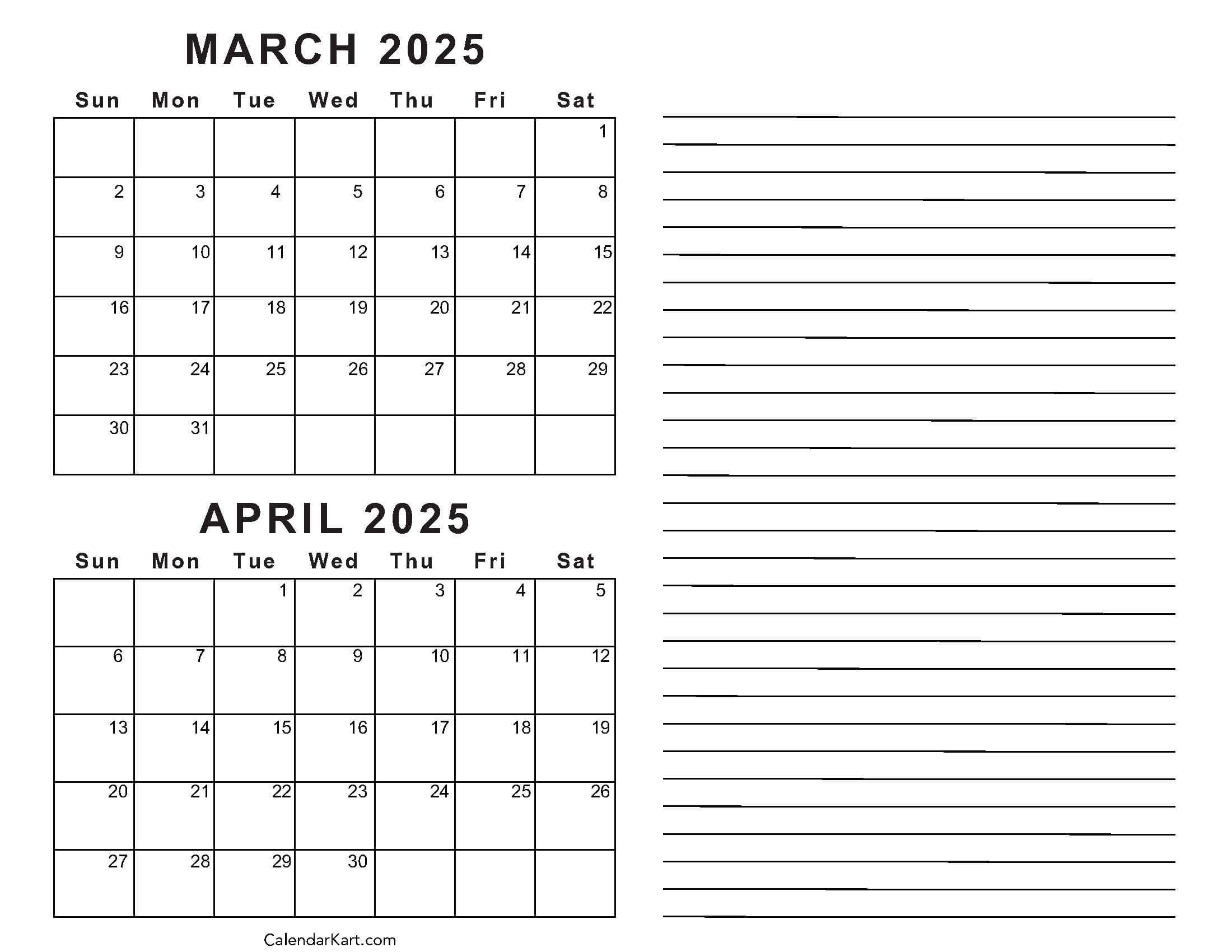 Printable March April 2025 Calendar | Calendarkart in Printable Calendar March to May 2025