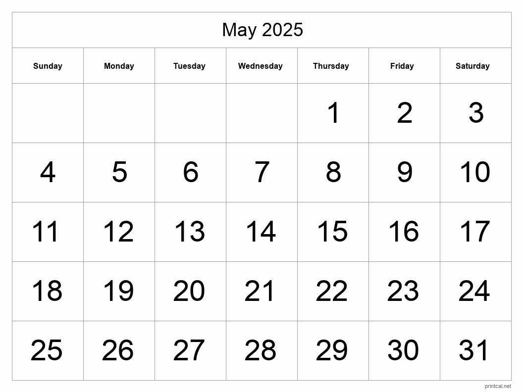 Printable May 2025 Calendar - Big Dates for Month Of May 2025 Printable Calendar