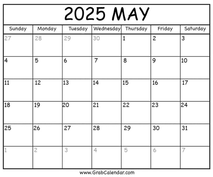 May Blank Calendar 2025 Printable