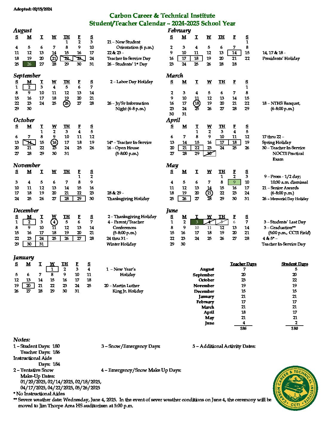2024-2025 - Student-Teacher Calendar; Adopted 02-15-2024, Updated regarding June 2025 Weather Calendar