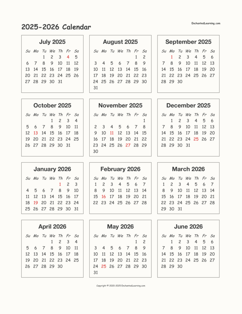 2025 2026 School Year One Page Calendar   Enchanted Learning Throughout June 2025   June 2026 Calendar