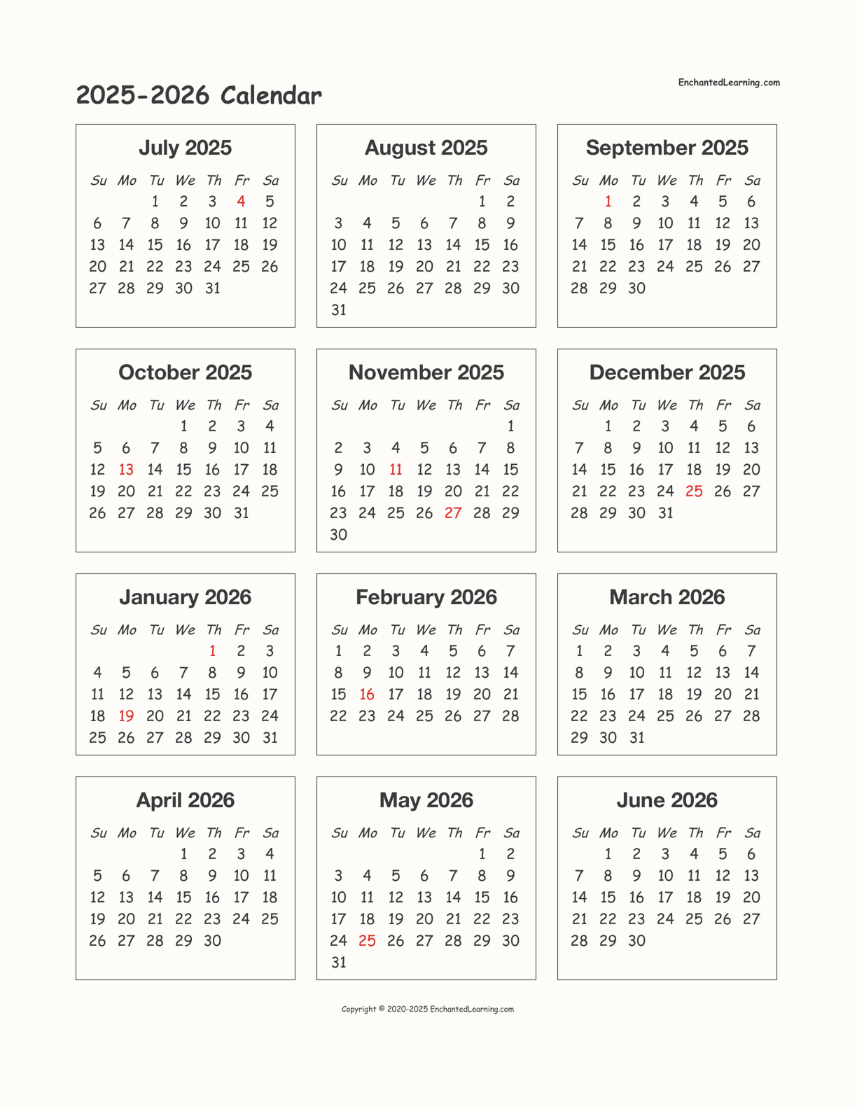 2025-2026 School-Year One-Page Calendar - Enchanted Learning throughout June 2025 - June 2026 Calendar