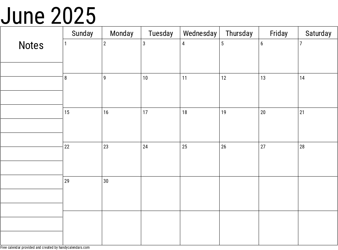2025 June Calendars - Handy Calendars with June 2025 Calendar With Notes
