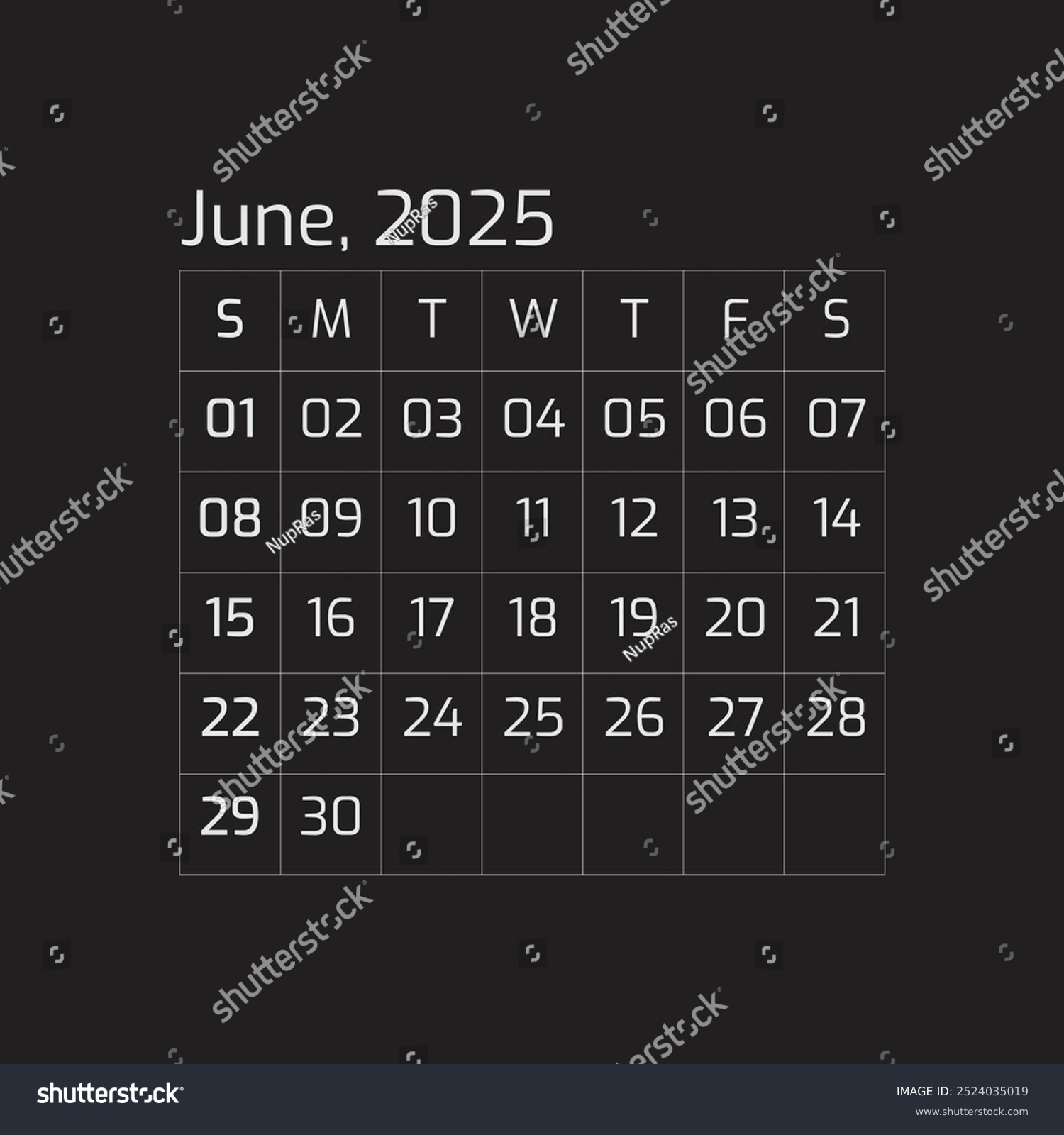 2025 June Year Dark Calendar Single Stock Vector (Royalty Free within June 2025 Calendar Black Background
