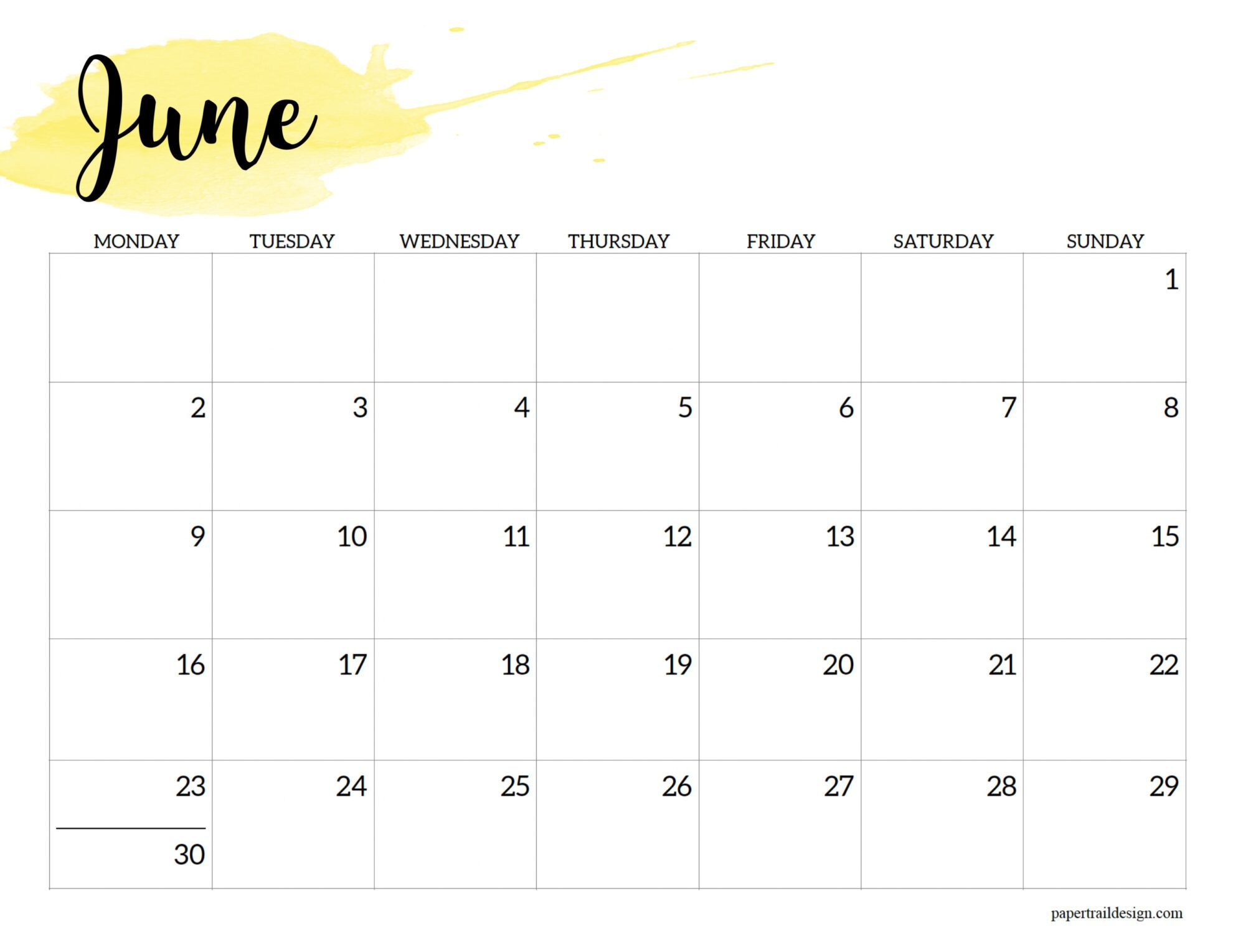 2025 Monday Start Calendar Printable - Watercolor - Paper Trail Design pertaining to June 2025 Calendar Monday Start