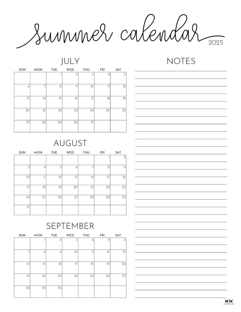 2025 Summer Calendars - 27 Free Printables | Printabulls inside June July And August 2025 Printable Calendar