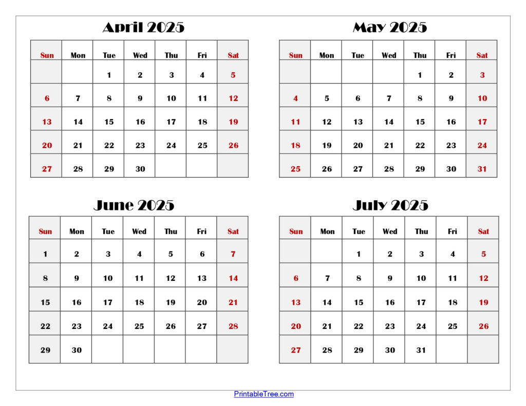 April To July 2025 Calendar Printable Pdf | Four Months Calendar Pertaining To April Through June 2025 Calendar