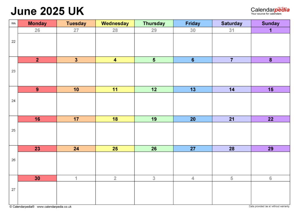 Calendar June 2025 Uk With Pdf, Excel And Word Templates For Show Calendar For June 2025