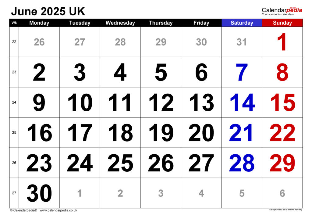 Calendar June 2025 Uk With Pdf, Excel And Word Templates In Google Calendar June 2025
