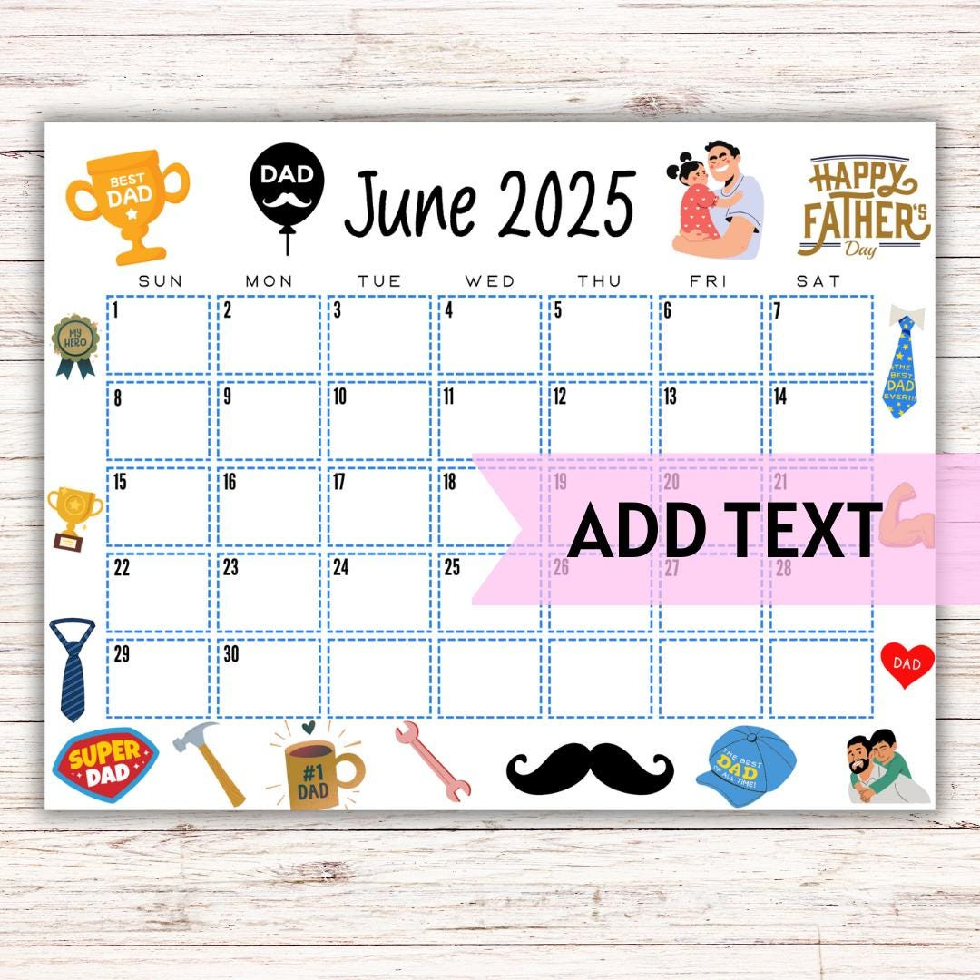 Editable Printable June Calendar 2025 | Cute Father&amp;#039;S Day Calendar | June 2025 Calendar | Monthly Calendar | Fillable Calendar - Etsy Denmark regarding June 2025 Calendar Father Day