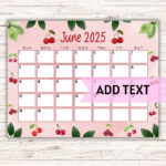 Editable Printable June Calendar 2025 | Cute Watercolor Cherry Themed June  Calendar W/ Watercolor Leaves | Fillable Calendar   Etsy Within June Dry Erase Calendar Ideas 2025