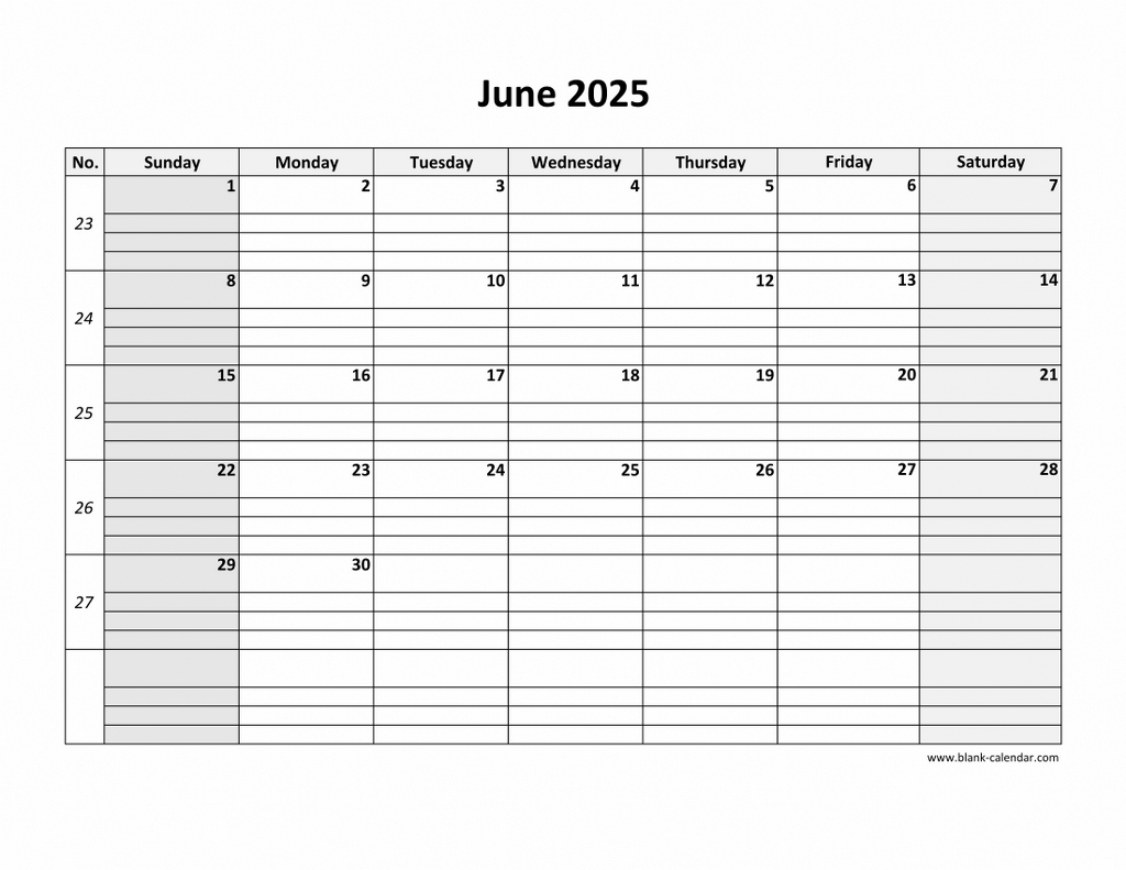 Free Download Printable June 2025 Calendar, Large Box Grid, Space within June Calendar 2025 With Lines