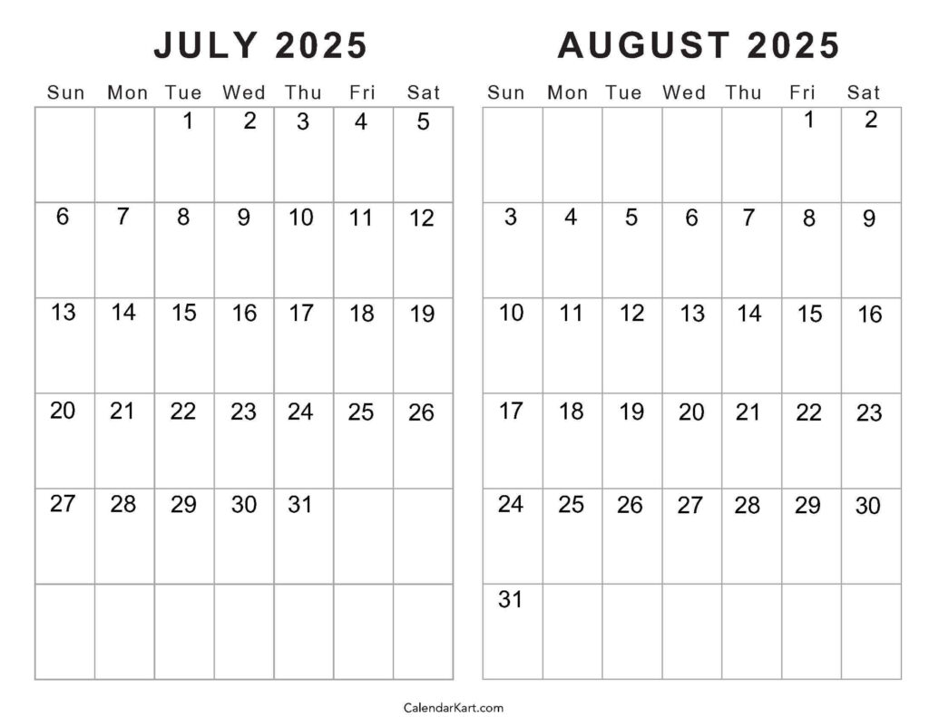 Free Printable July August 2025 Calendar | Calendarkart Within June July August 2025 Calendar Editable