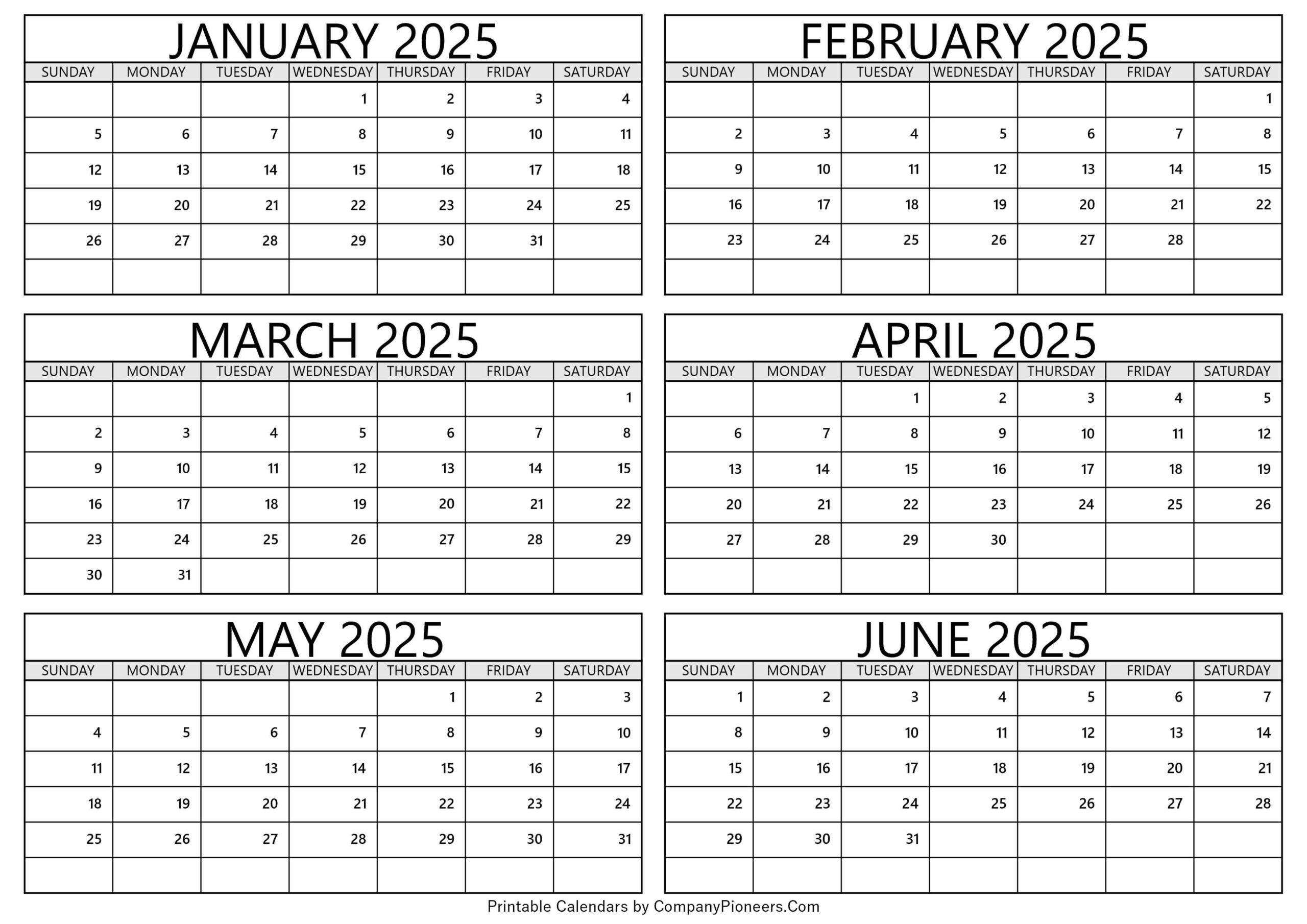 January To June 2025 Calendar Printable - Template intended for January June 2025 Calendar Printable