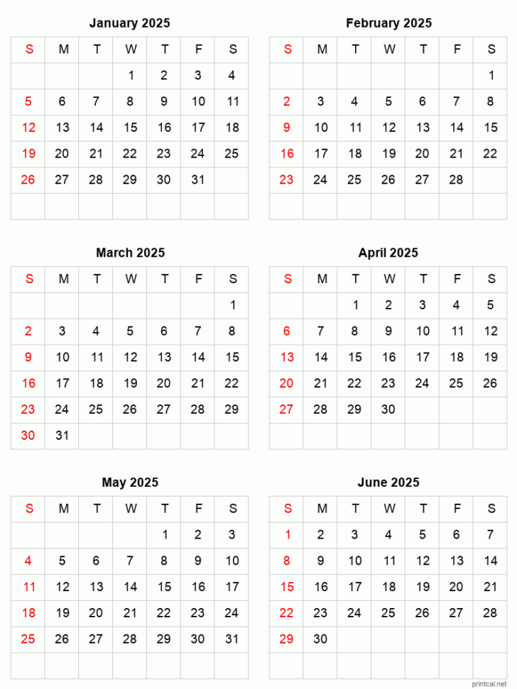 January to June 2025 Calendar