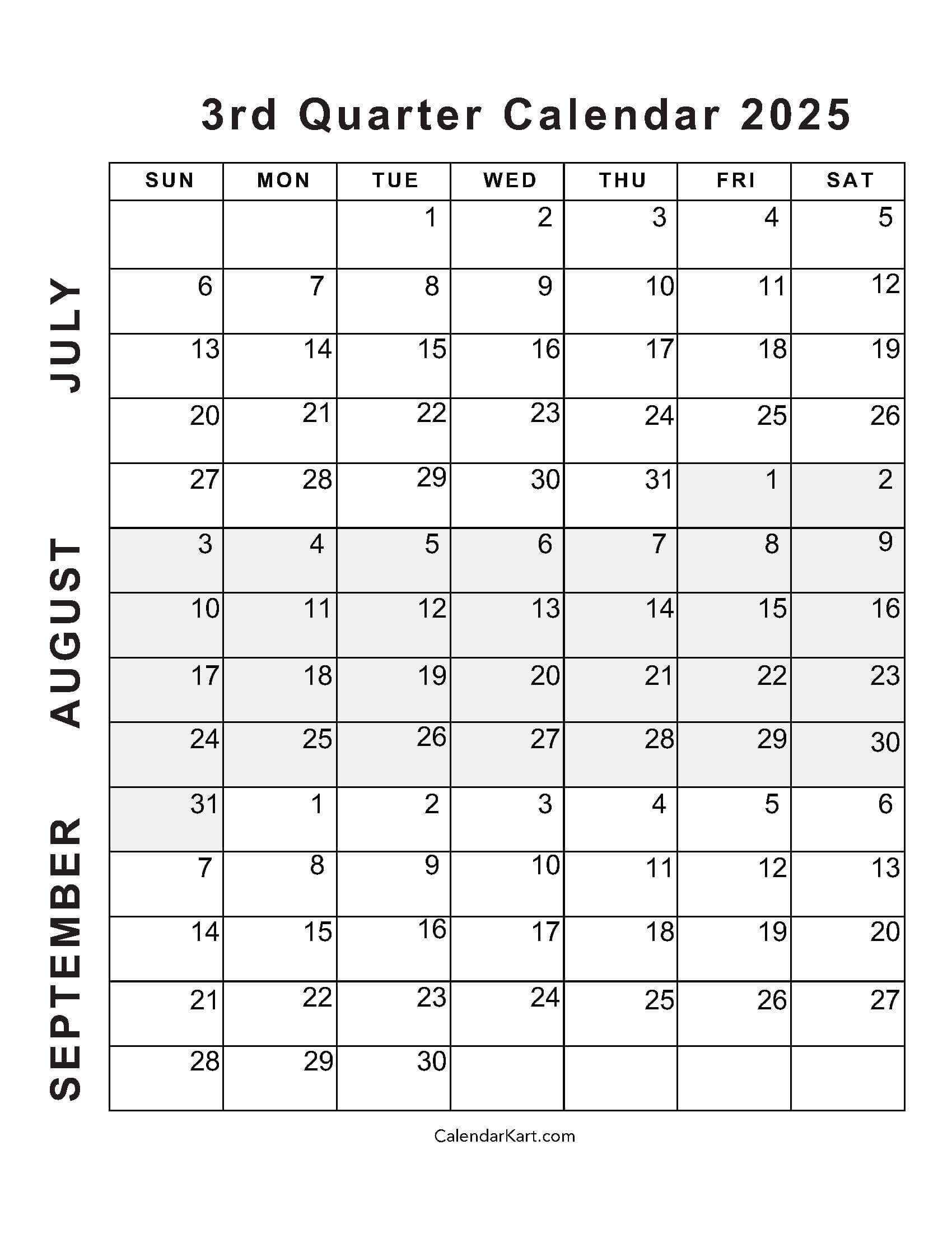 July To September 2025 Calendar (Q3) - Calendarkart for June July August September Calendar 2025