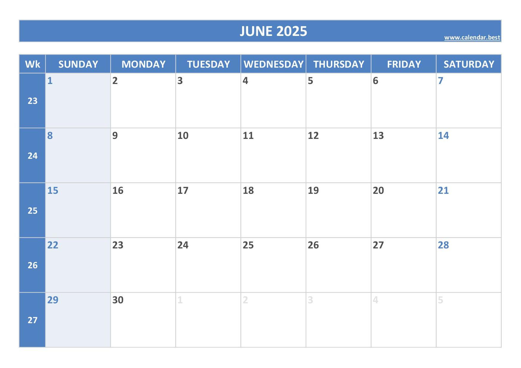 June 2025 Calendar -Calendar.best intended for June 2025 Weekly Calendar