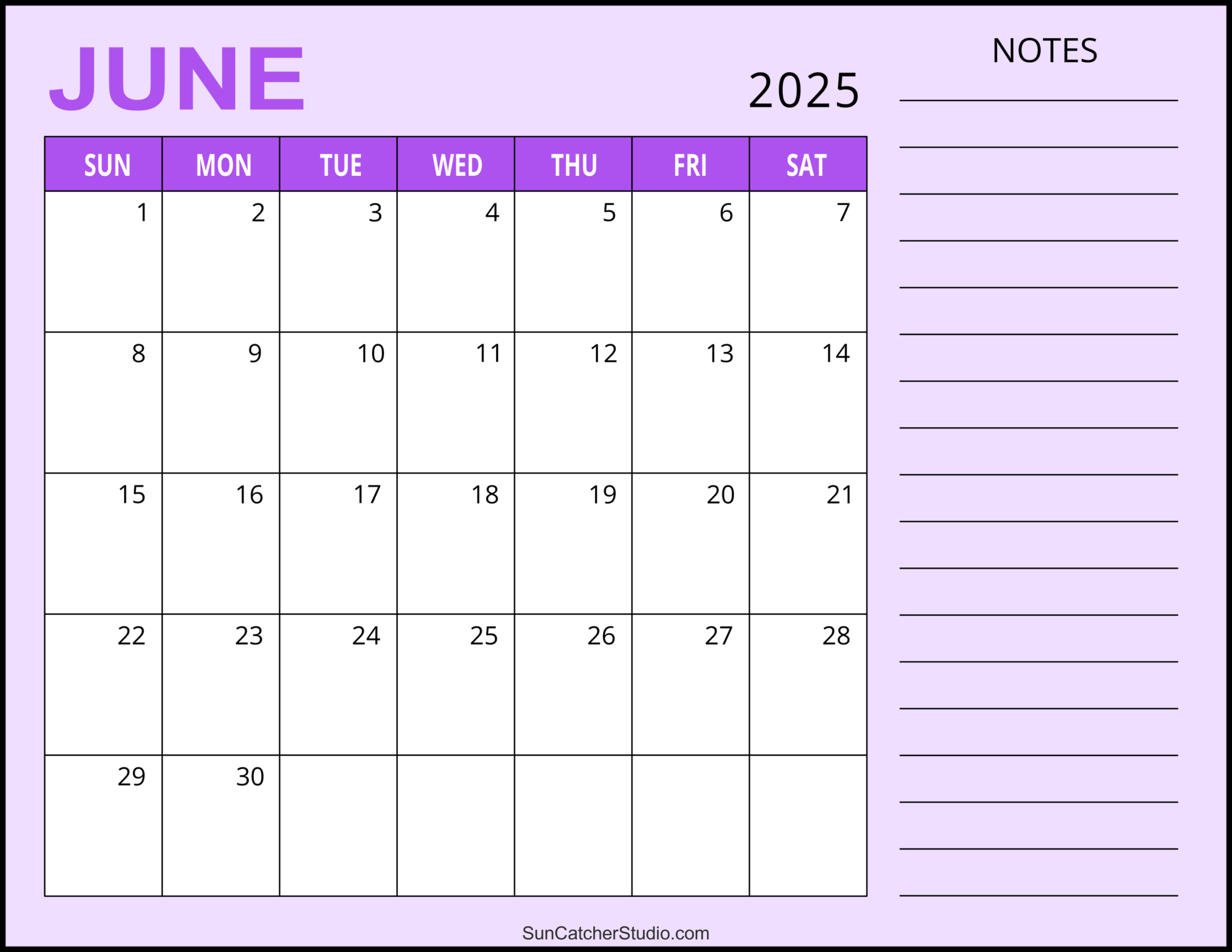 June 2025 Calendar (Free Printable) – Free Printables, Monograms inside June 2025 Calendar with Notes