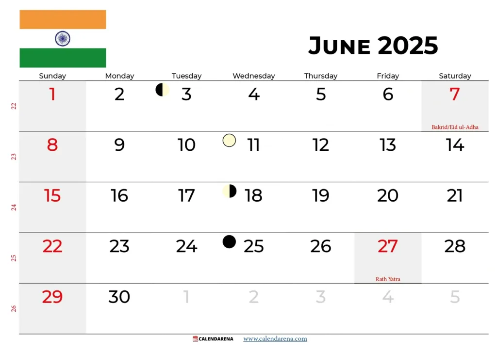 June 2025 Calendar India In June Calendar With Holidays 2025 June 2025 Calendar India In June Calendar With Holidays 2025