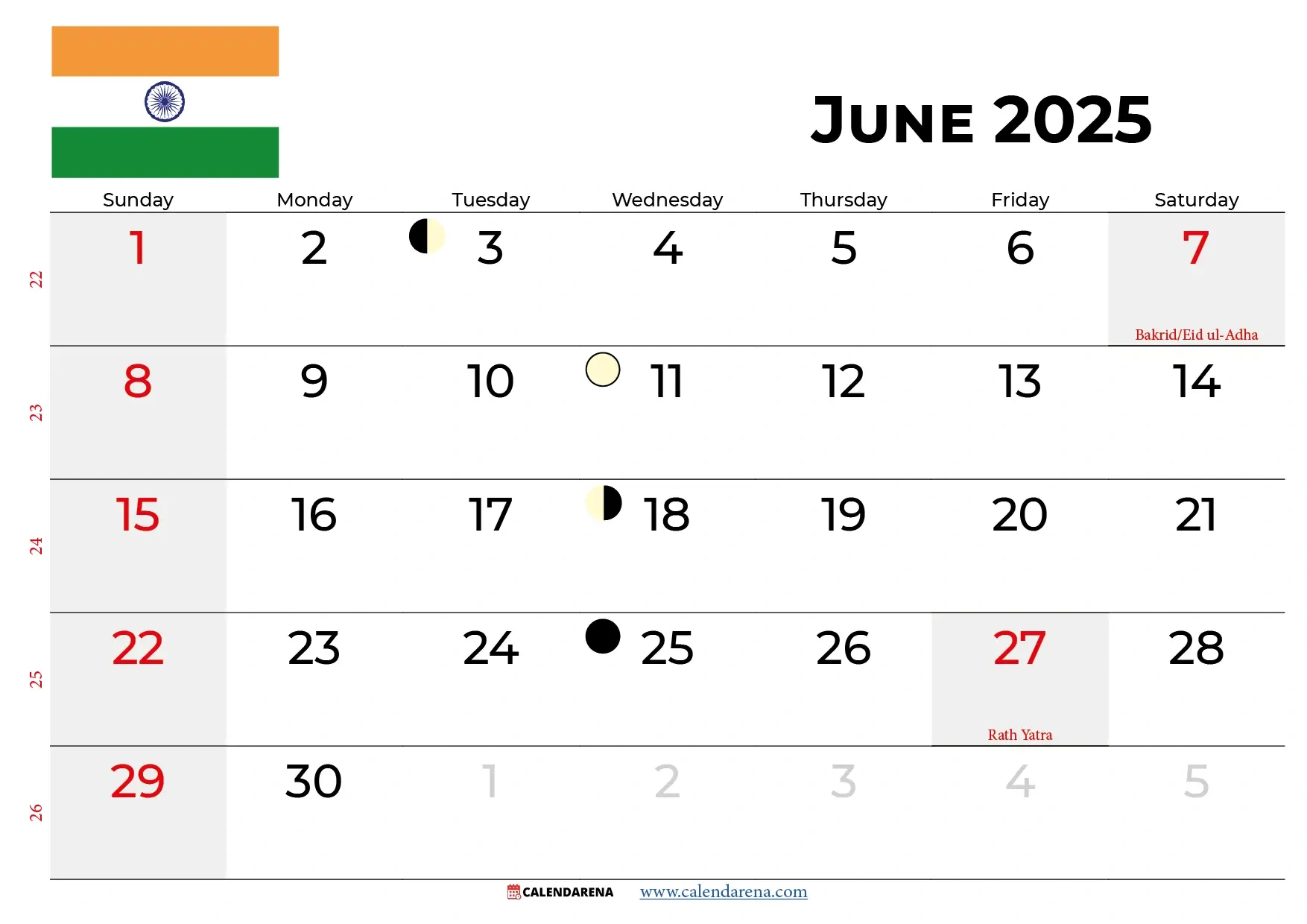 June 2025 Calendar India in June Calendar With Holidays 2025