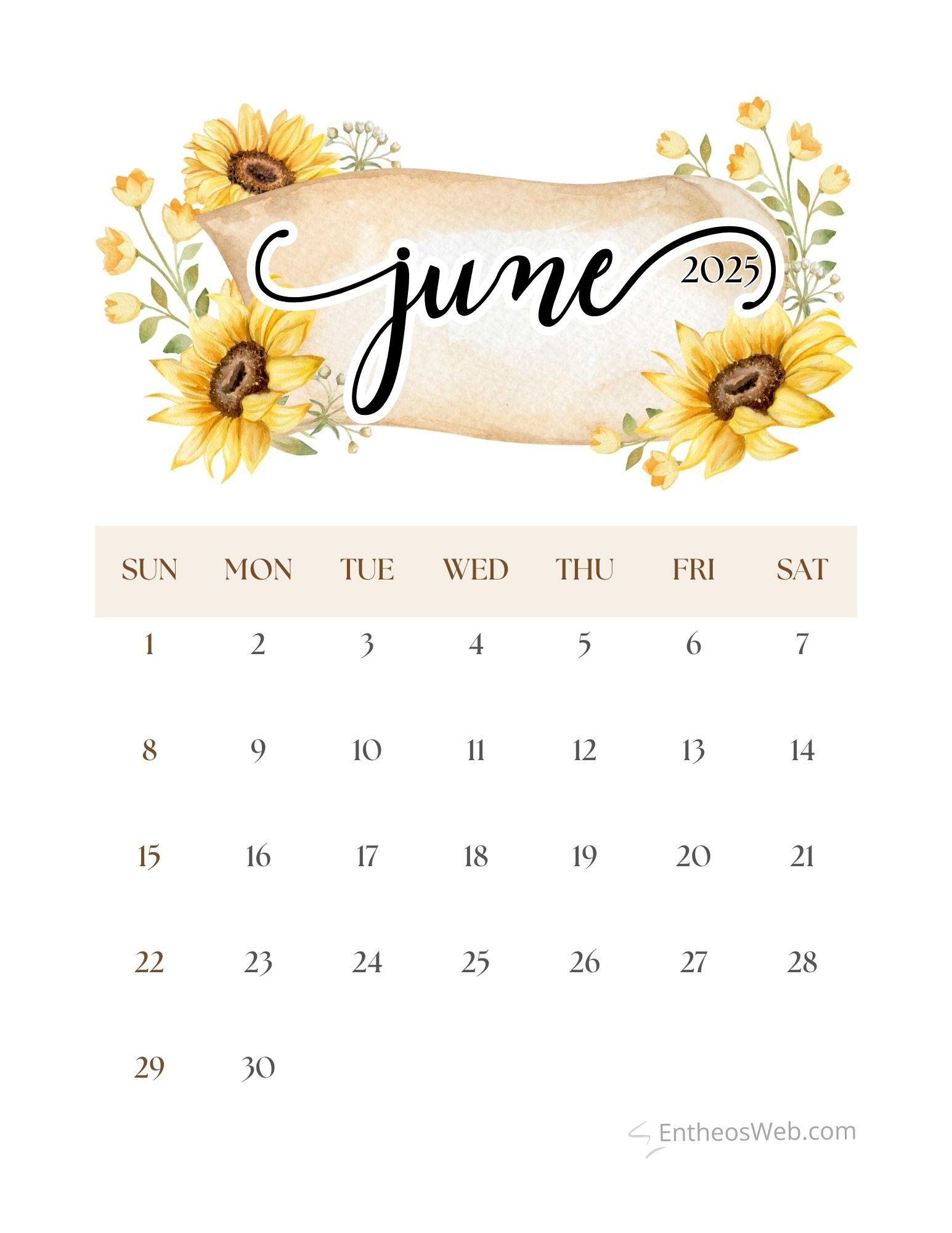 June 2025 Calendar Printables | Entheosweb with Sunflower June 2025 Calendar