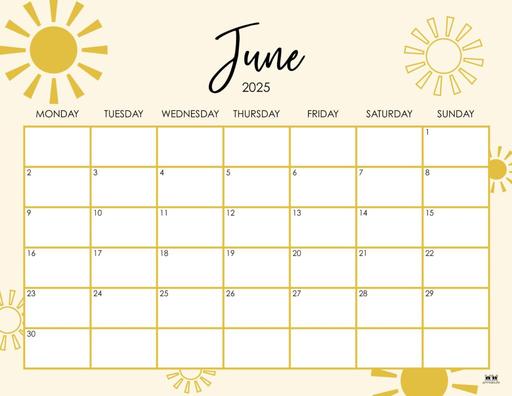 June 2025 Calendars - 107 Free Printables | Printabulls within June 2025 Calendar Monday Start