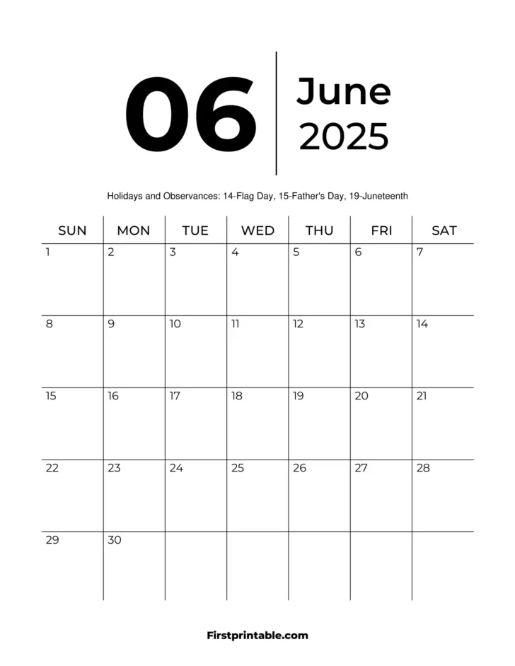 June Calendar 2025 Editable