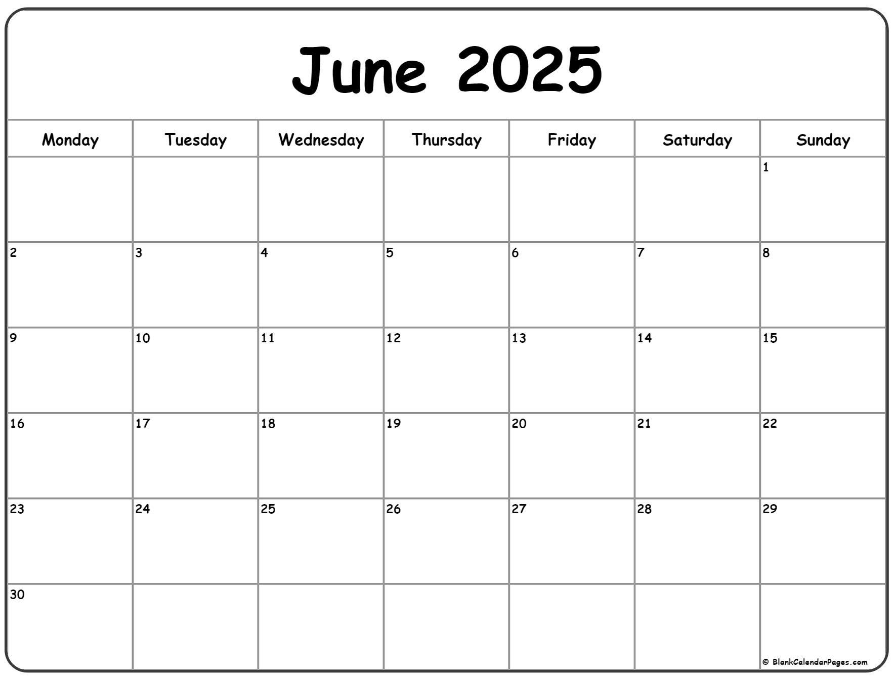 June 2025 Monday Calendar | Monday To Sunday throughout June 2025 Calendar Monday Start