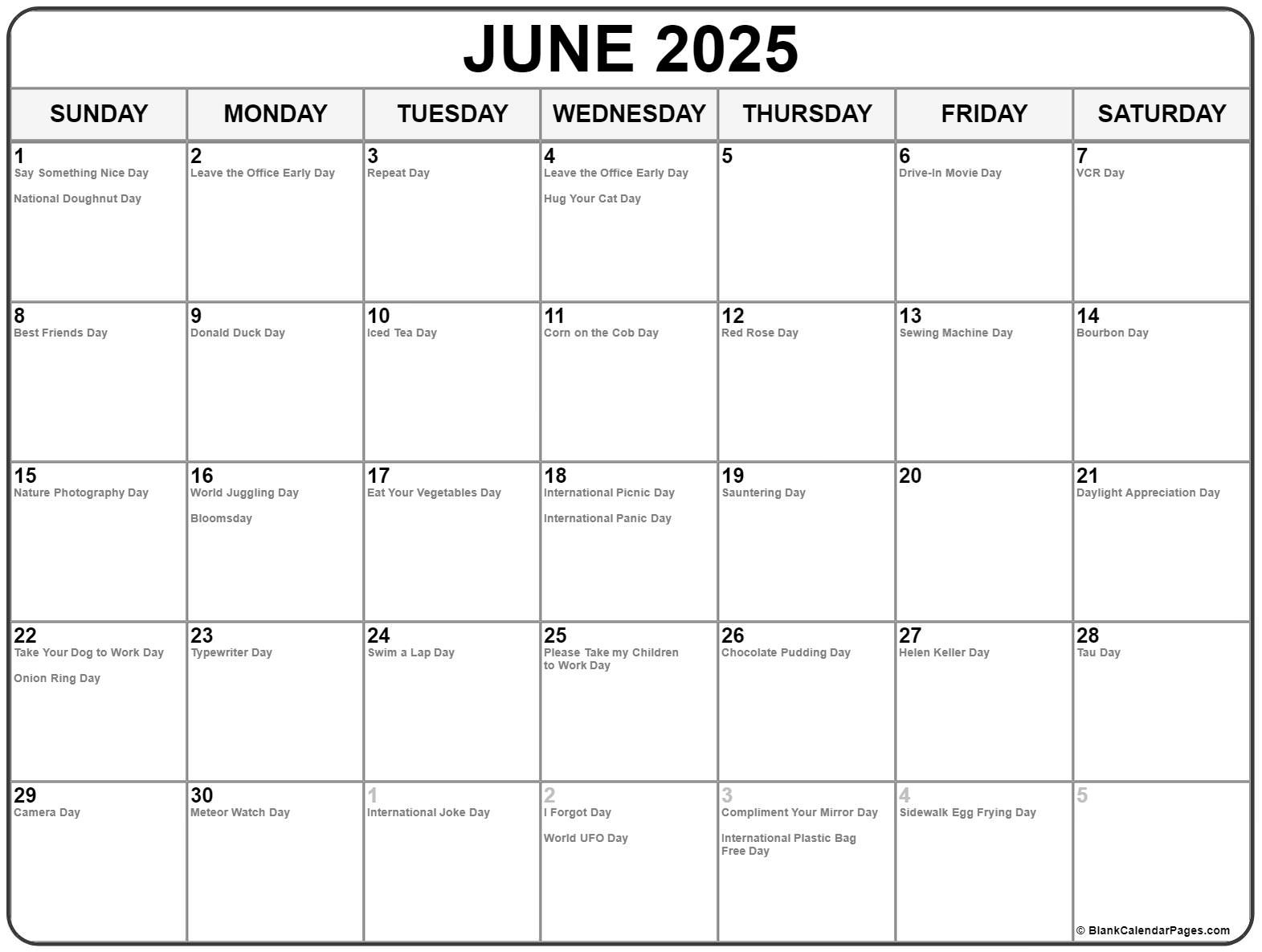 June 2025 With Holidays Calendar inside National Days In June 2025 Calendar