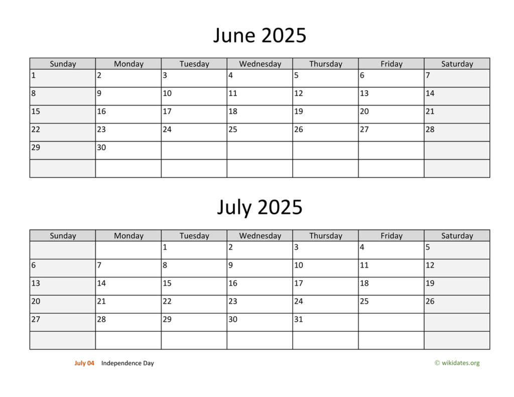 June And July 2025 Calendar | Wikidates For June And July 2025 Editable Calendar