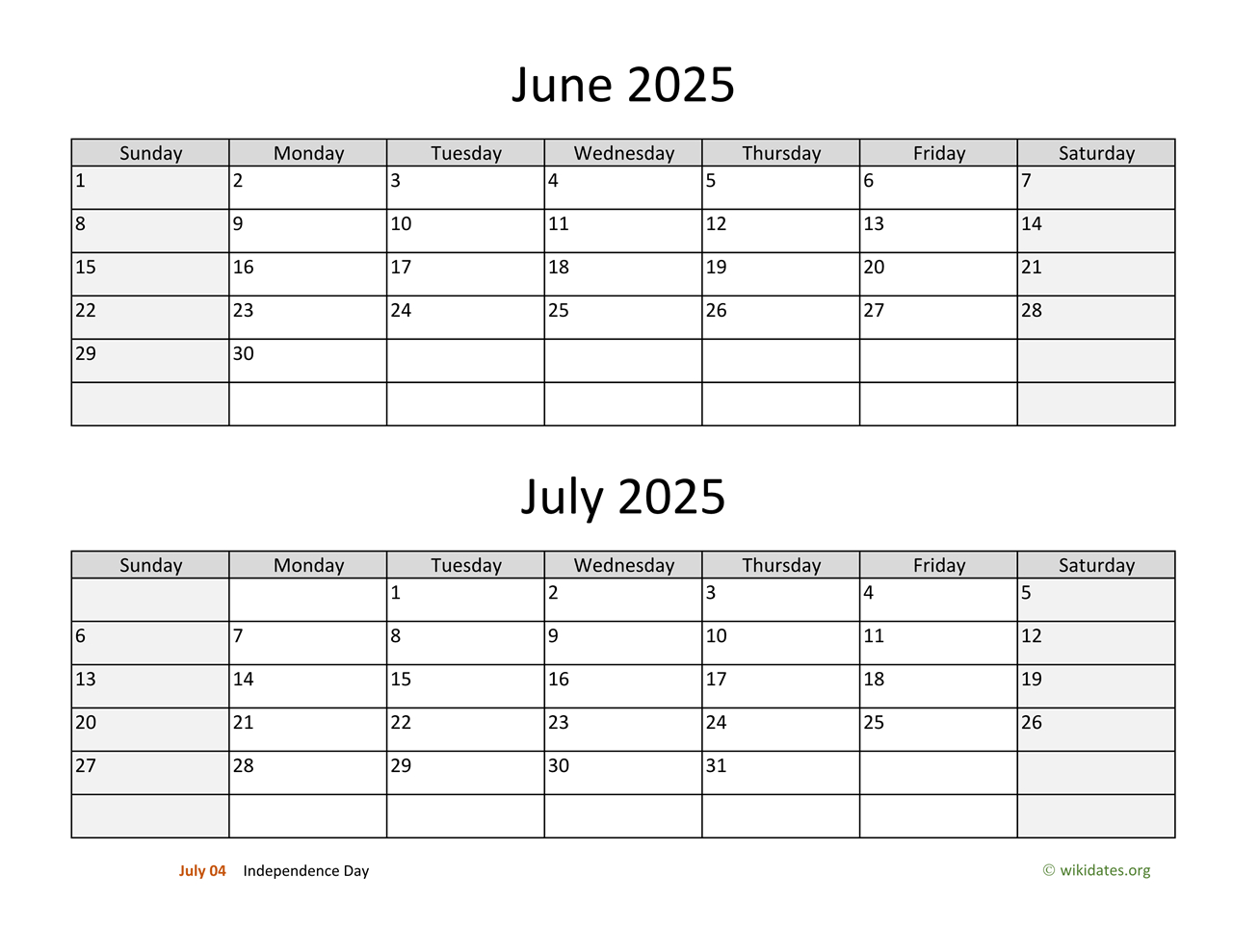 June And July 2025 Calendar | Wikidates for June and July 2025 Editable Calendar